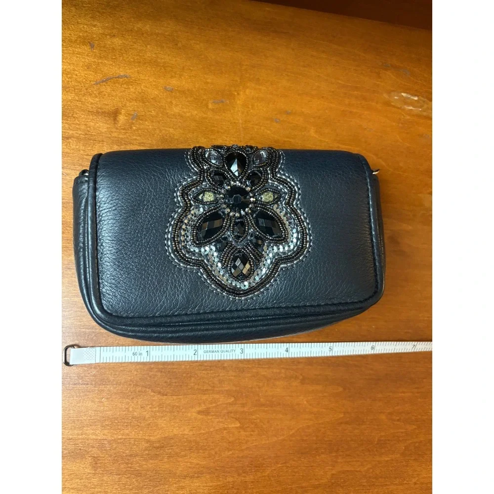Brighton Black Beaded Leather‎ Crossbody Floral Crystal Evening Bag
